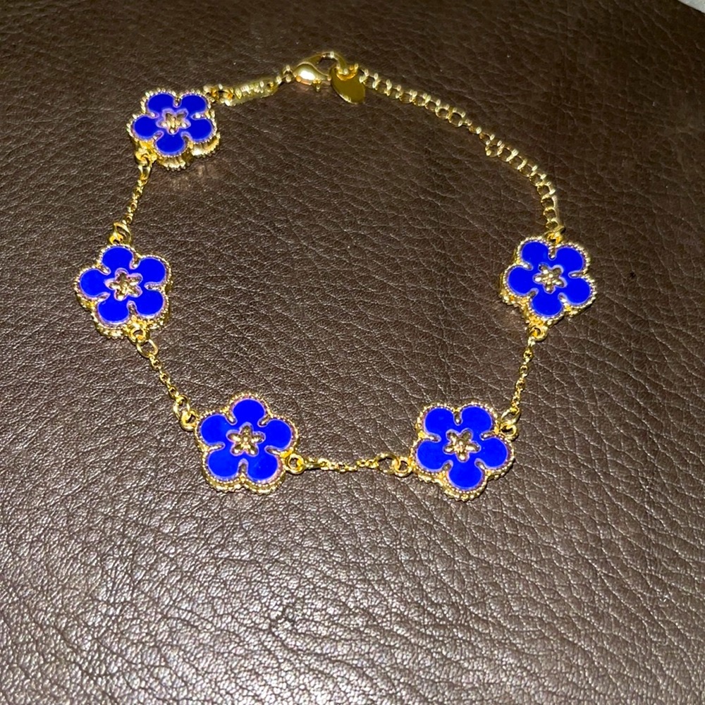 Gold Blue Flower Double Sided Bracelet